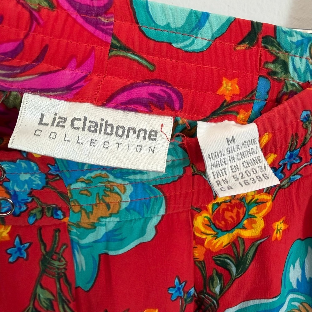 Vintage Red Silk Skirt 90s Pleated Floral Midi Tropical Beach Resort Dopamine M - Picture 3 of 4